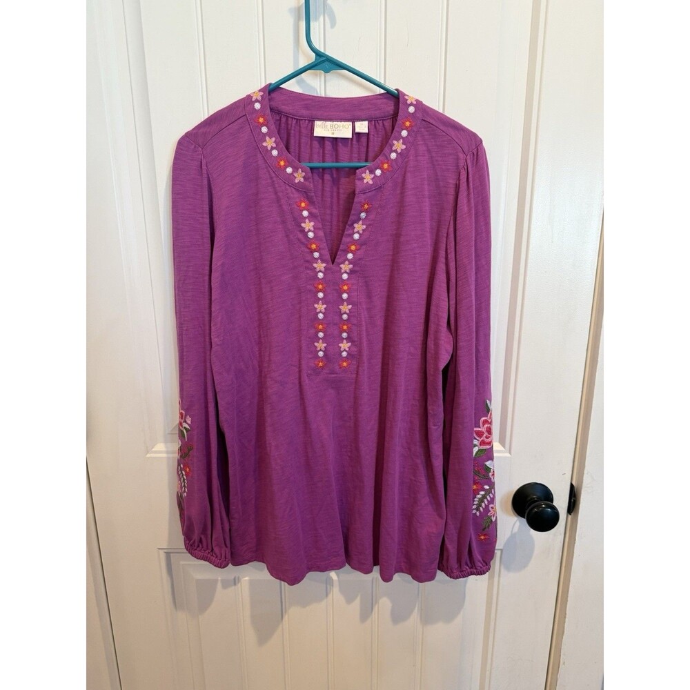 Belle Boho Kim Gravel Women’s 1X Purple Embroidered Floral Tunic Top Blouse